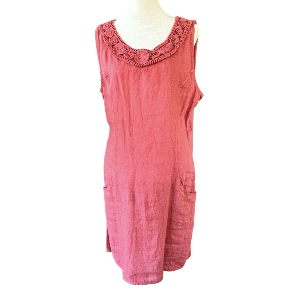 Lungo L'Arno Pink 100% Linen Dress Womens Large Sleeveless Italy Pockets Rosette